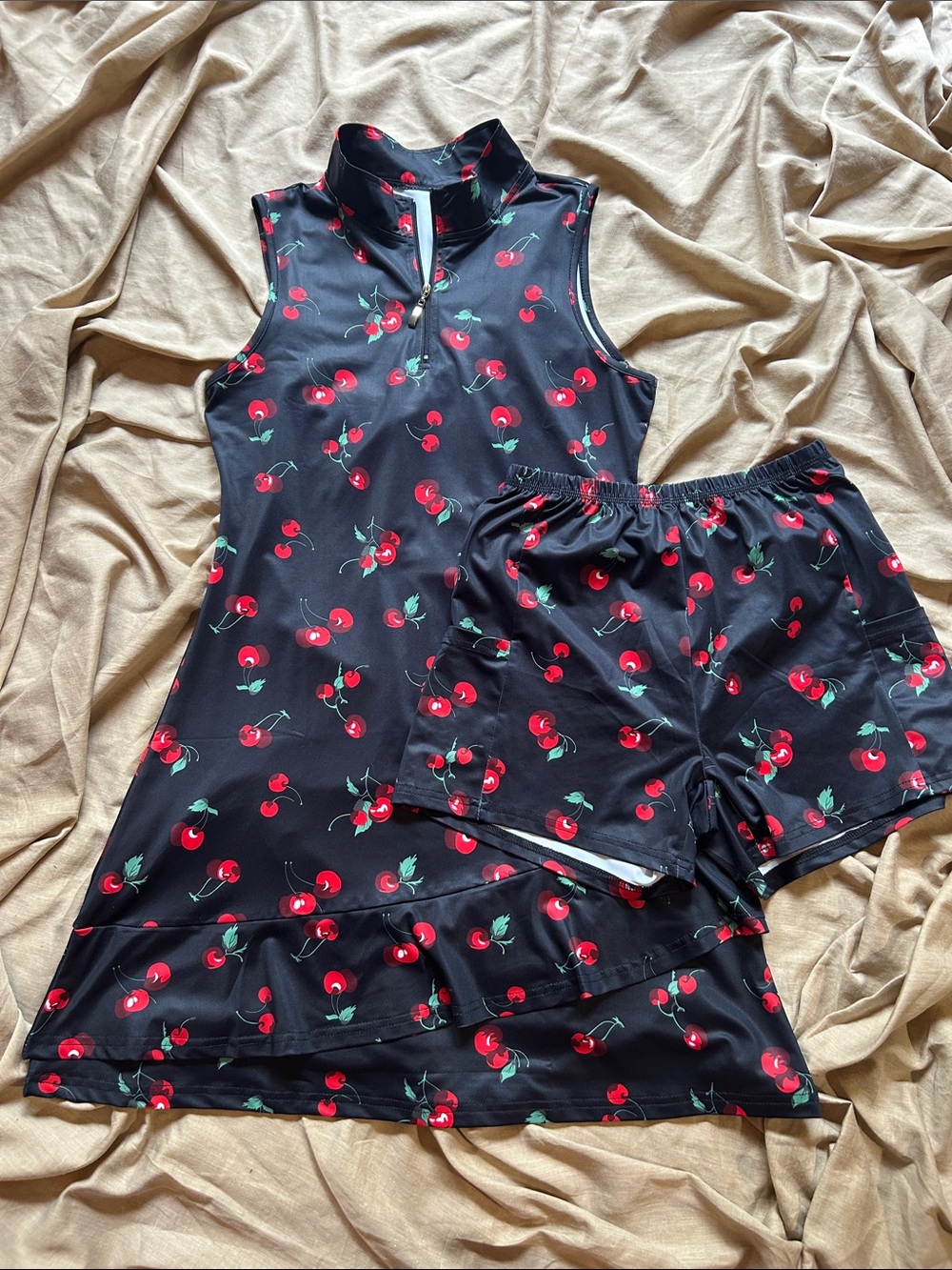 Sleeveless Black Cherry-Print Dress with Shorts Set with Zip Neck